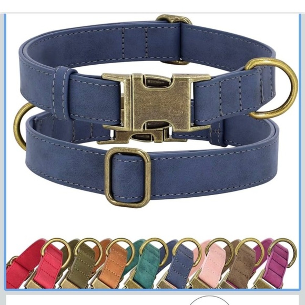 New Didog Leather Dog Collar Blue Size M Metal Buckle Adjustable Sturdy Ring